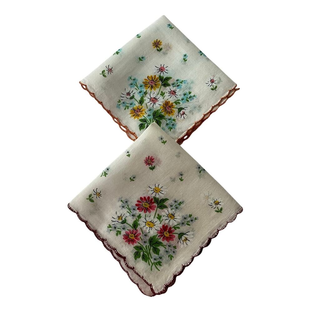 Vintage 40s-60s Hankerchief Set 2 Floral Red Orange Daisies Upcycle Sewing New
